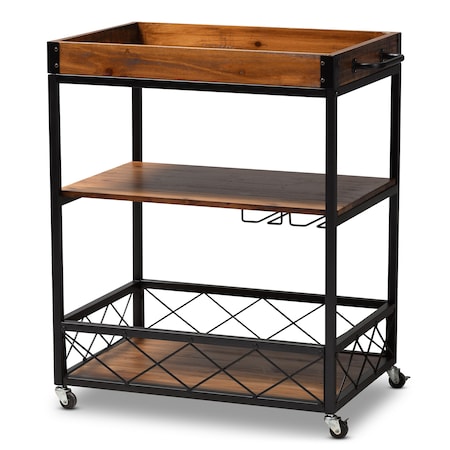 Baxton Studio Capri Oak and Black Mobile Metal Bar Cart with Stemware Rack 153-9040